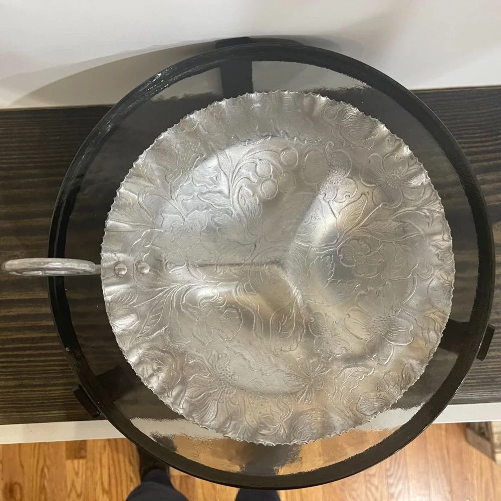 Vintage Hand finished Aluminum round 9” Vintage Tray Embossed Design w/handle